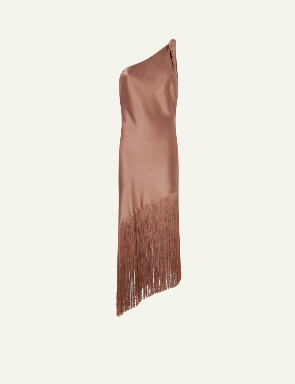 Pinko one shoulder satin dress brown fringe asymmetrical hem front flat view