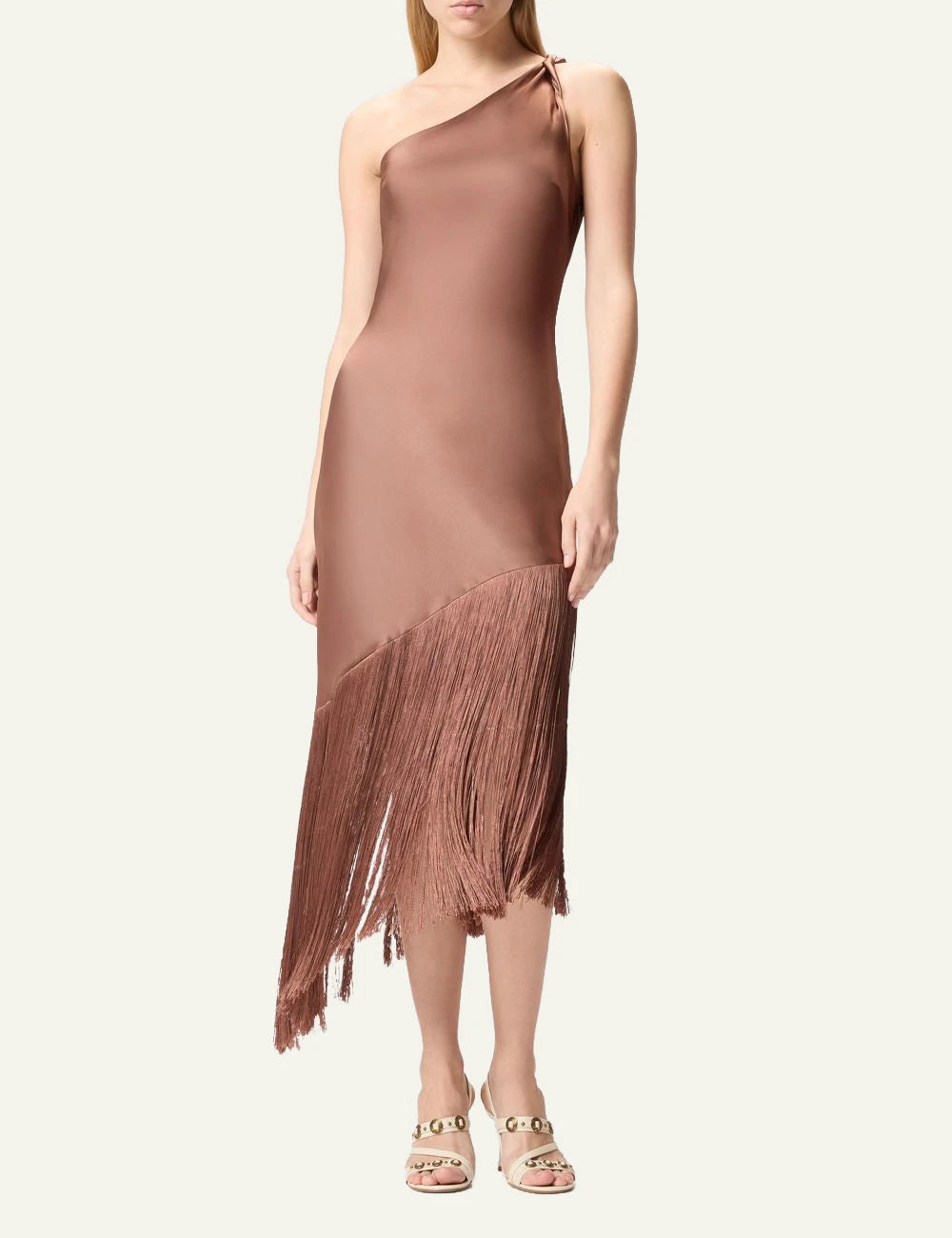 Pinko one shoulder satin dress brown fringe asymmetrical hem front full body view