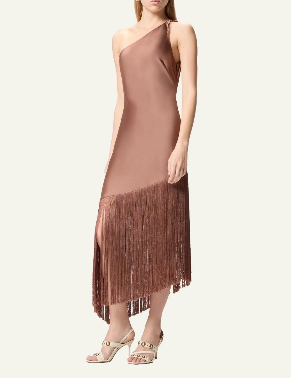 Pinko one shoulder satin dress brown fringe asymmetrical hem front model view