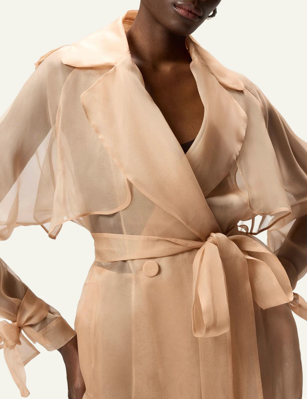 Pinko organza silk trench beige sheer belt front side detail view