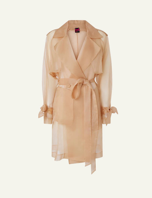 Pinko organza silk trench beige sheer belt front flat view