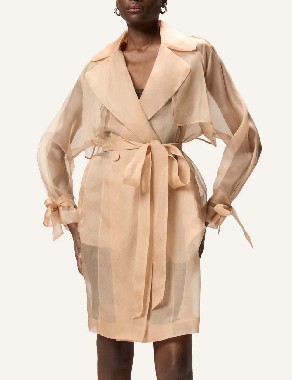 Pinko organza silk trench beige sheer belt front model view
