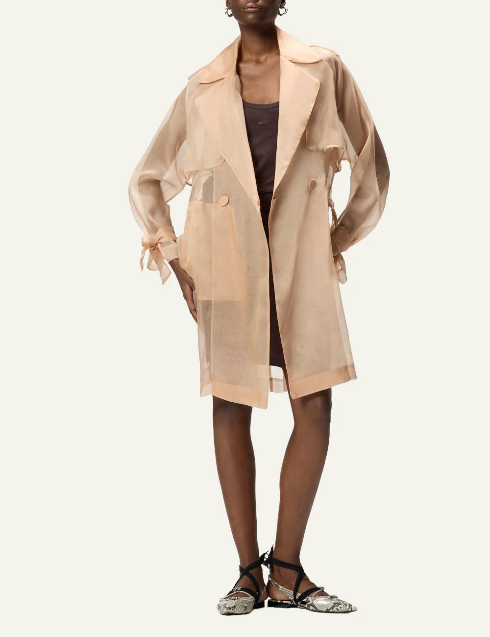 Pinko organza silk trench beige sheer belt front full body view