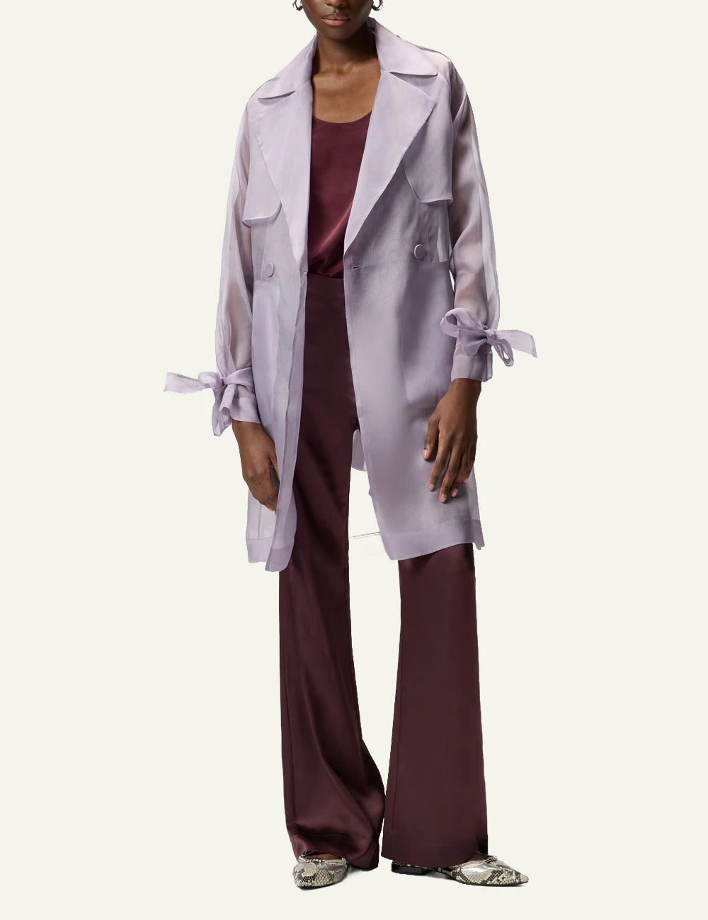 Pinko organza silk trench lilac sheer belt front full body view