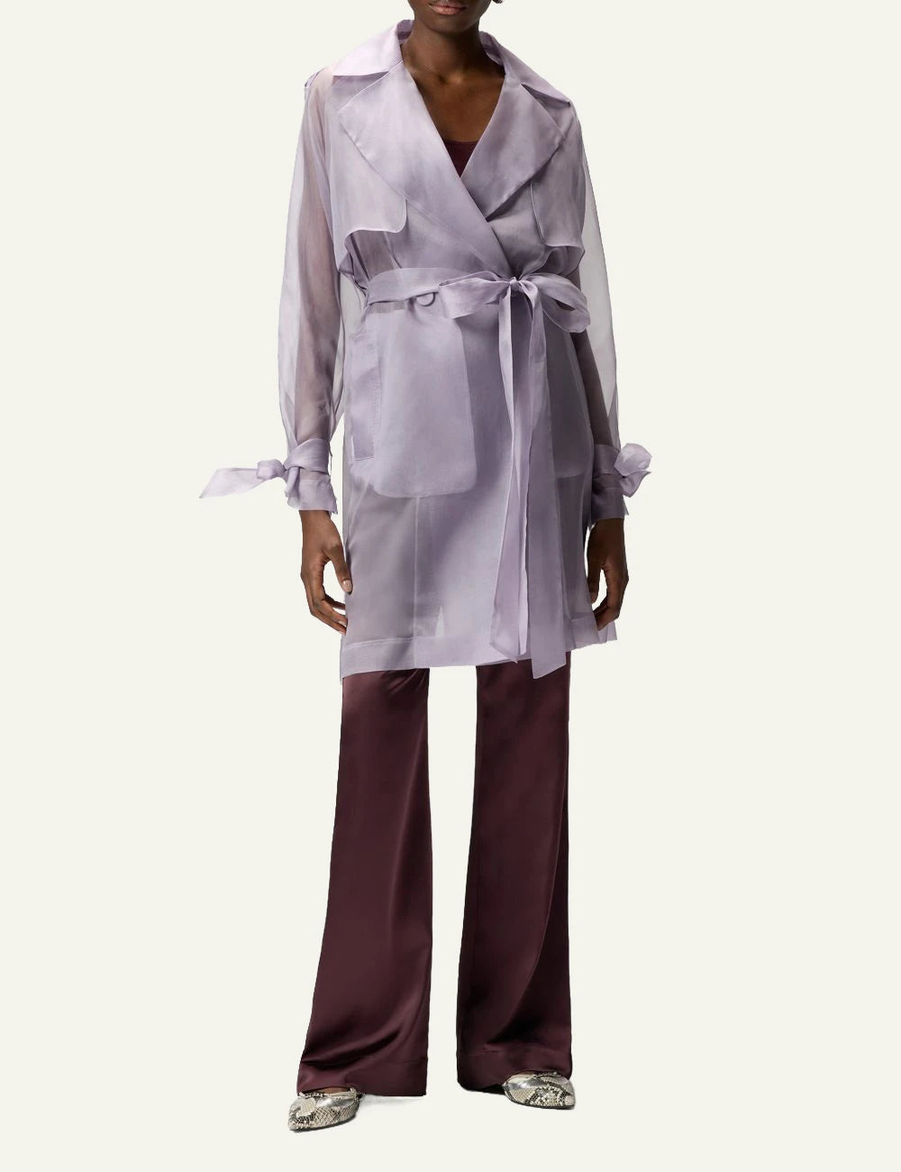 Pinko organza silk trench lilac sheer belt front model view