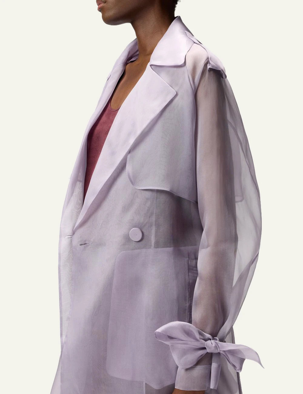 Pinko organza silk trench lilac sheer belt front side view