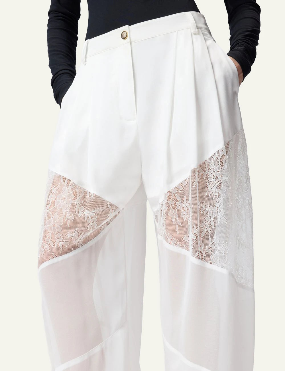 Pinko pants white straight leg georgette lace insert sheer detail front detail view