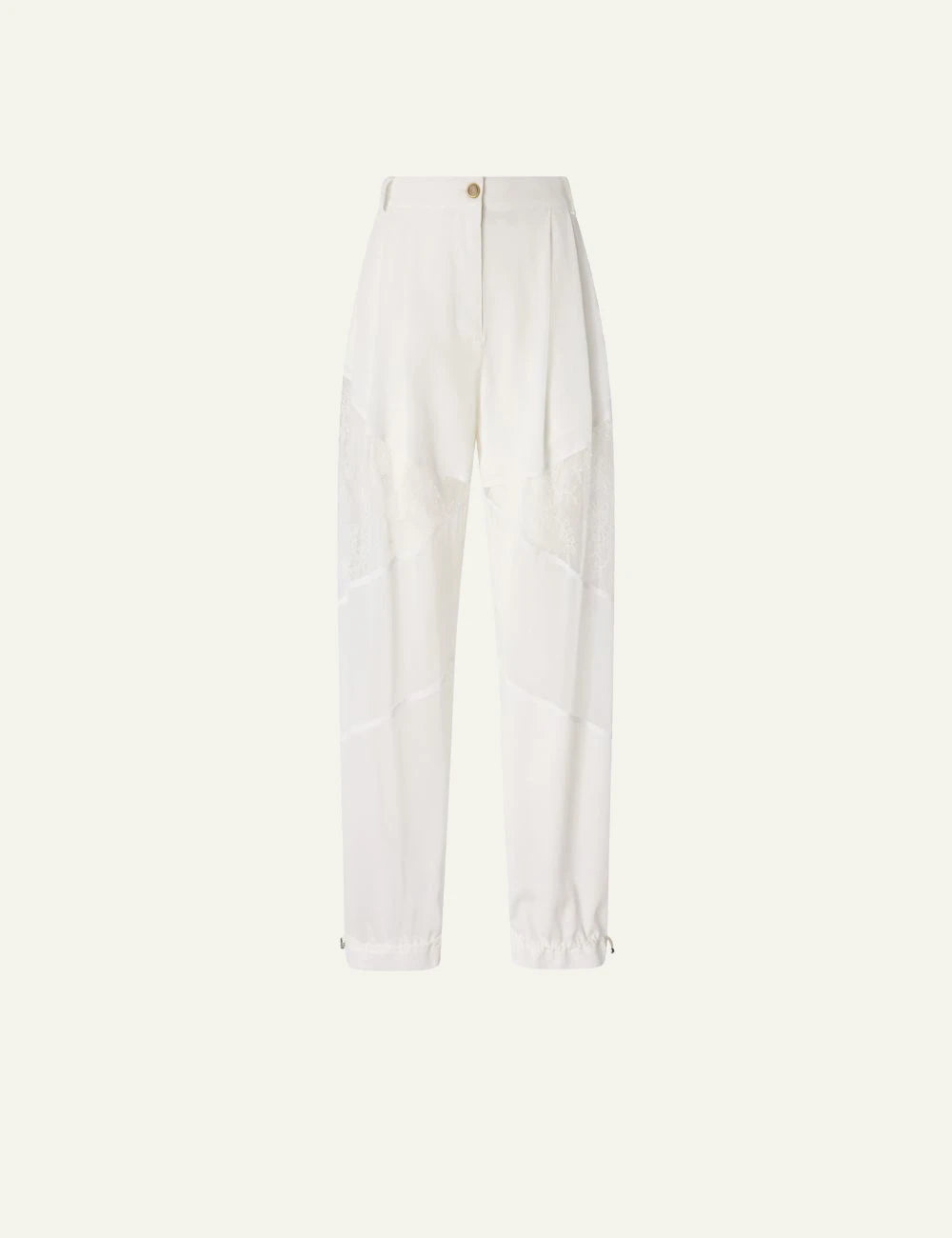 Pinko pants white straight leg georgette lace insert sheer detail front flat view