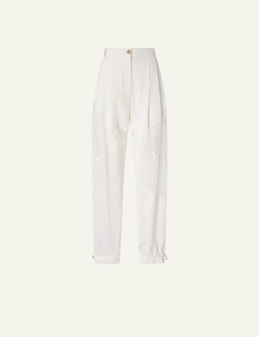 Pinko pants white straight leg georgette lace insert sheer detail front flat view