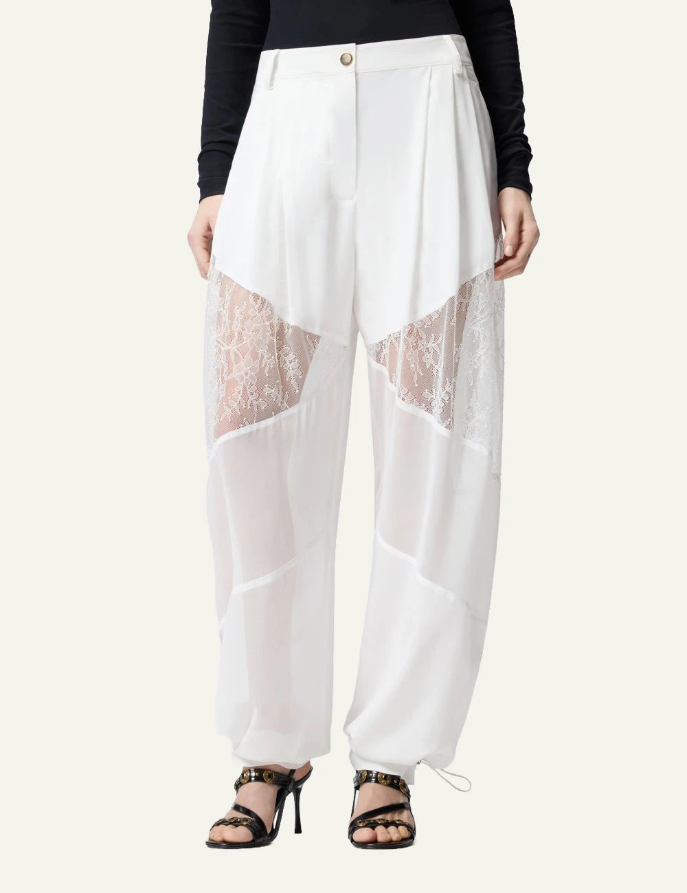 Pinko pants white straight leg georgette lace insert sheer detail front model view