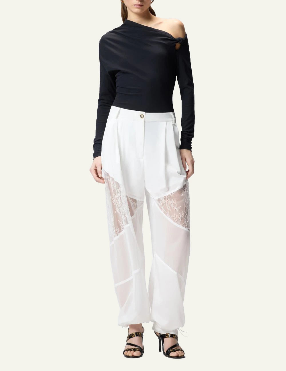 Pinko pants white straight leg georgette lace insert sheer detail front full body view