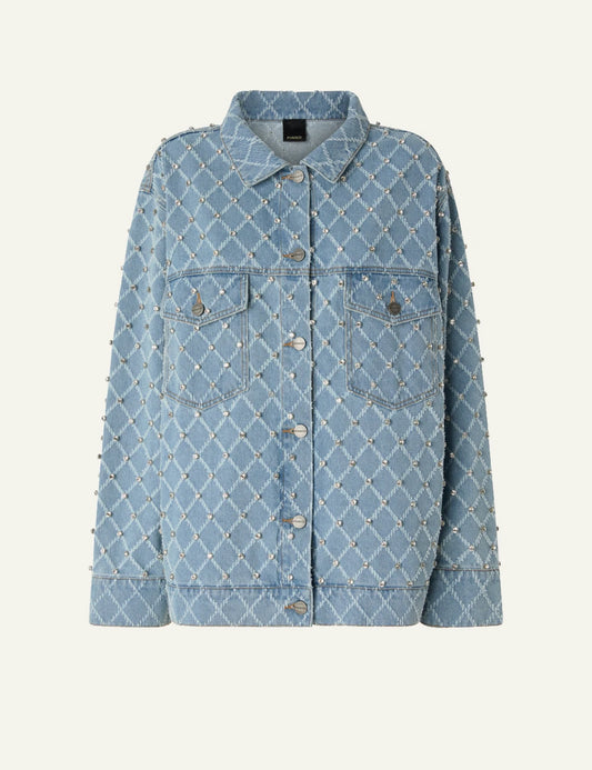 Pinko Pifferaio overshirt light blue denim me strass diamond pattern front flat view