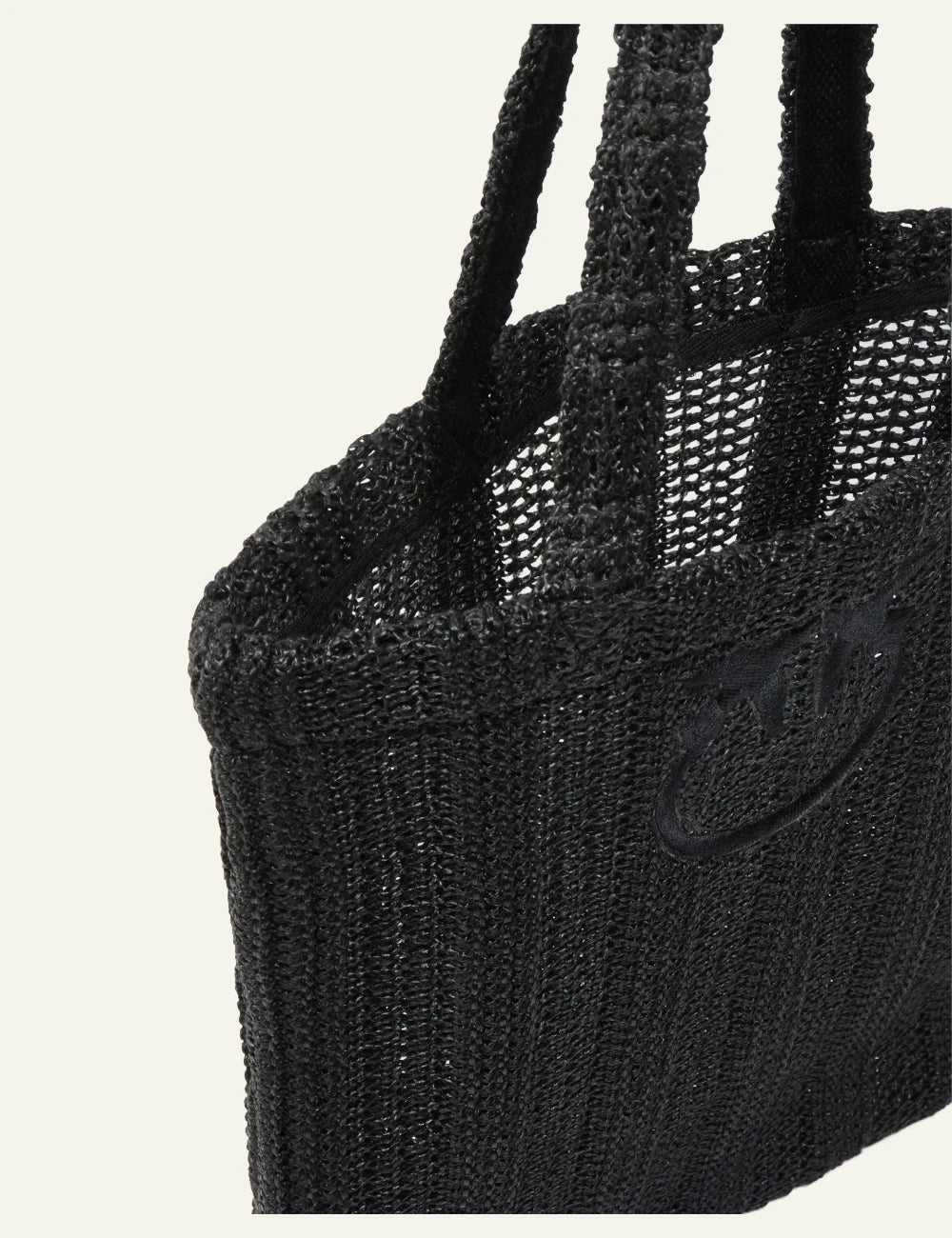 Pinko raffia tote bag black perforated knit Love Birds top view