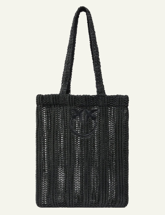 Pinko raffia tote bag black perforated knit Love Birds front view