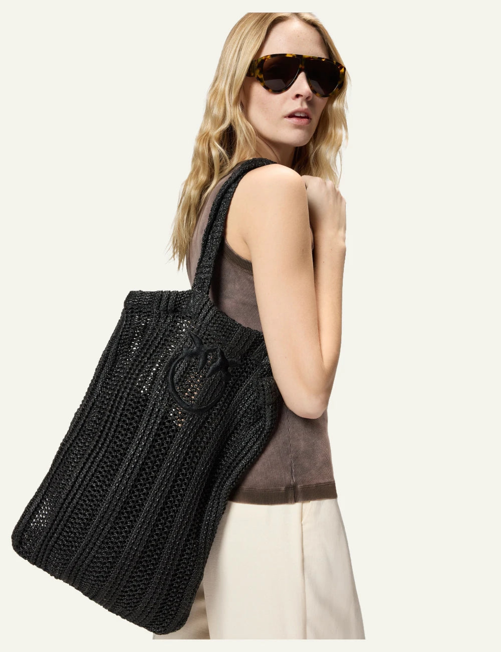 Pinko raffia tote bag black perforated knit Love Birds front model view