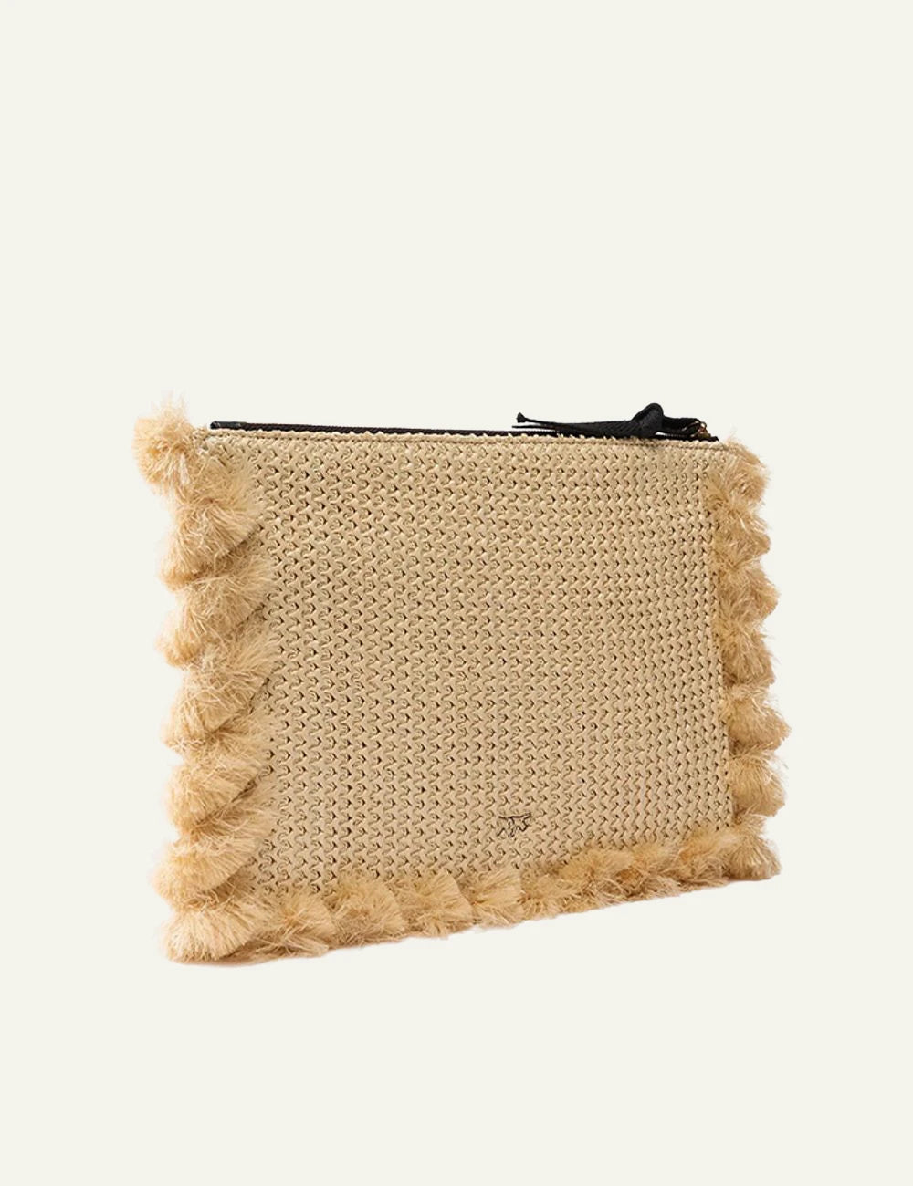 Pinko rafia pouch beige fringed logo zip clutch back view