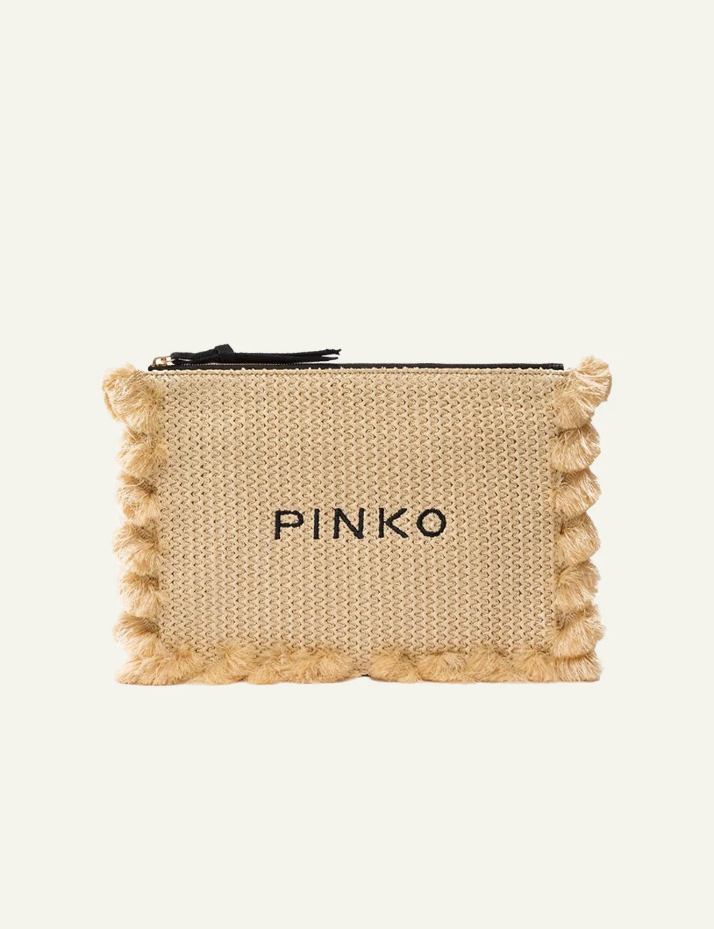 Pinko rafia pouch beige fringed logo zip clutch front view