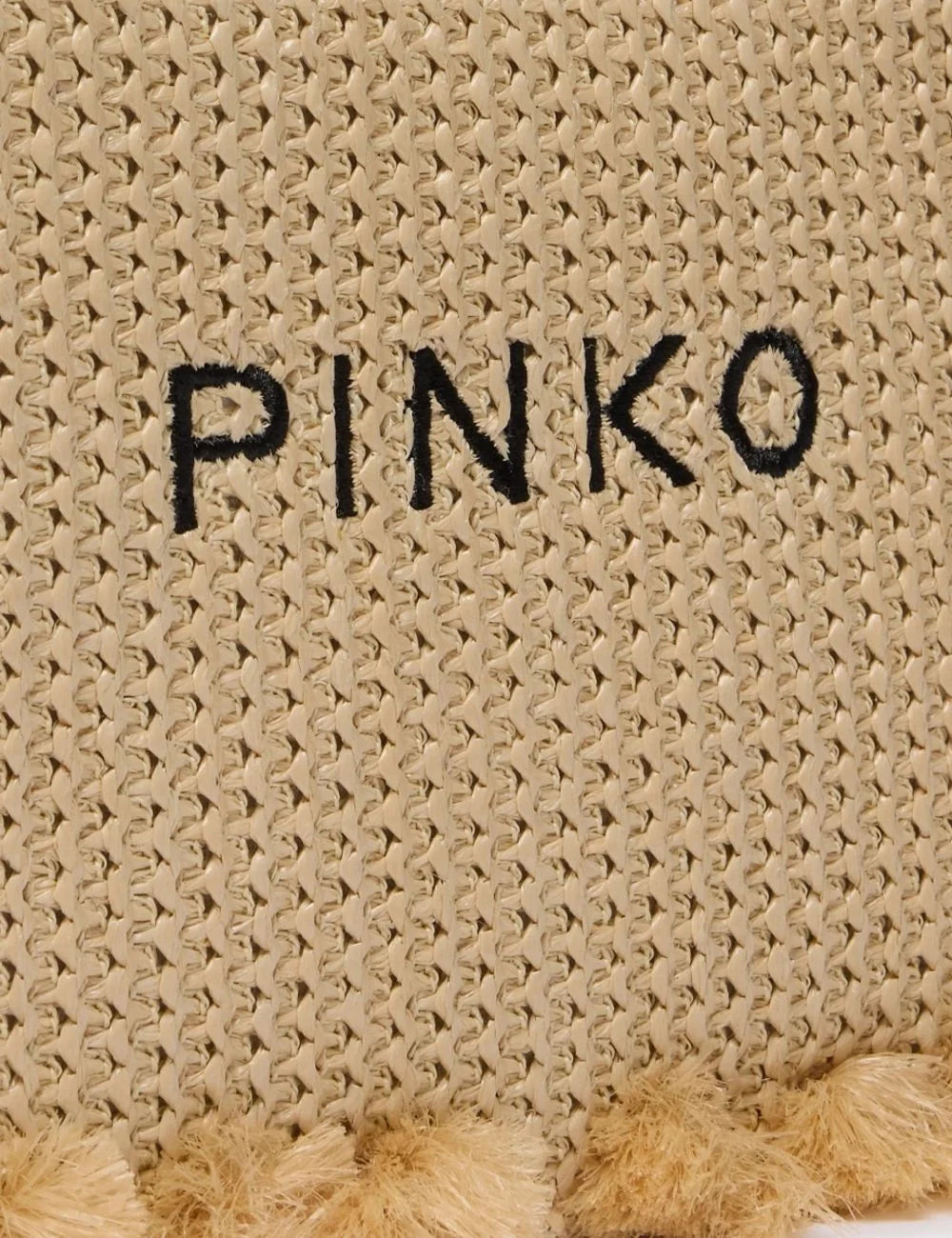 Pinko rafia pouch beige fringed logo zip clutch front detail view