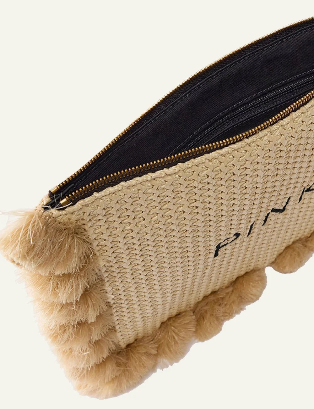 Pinko rafia pouch beige fringed logo zip clutch top view