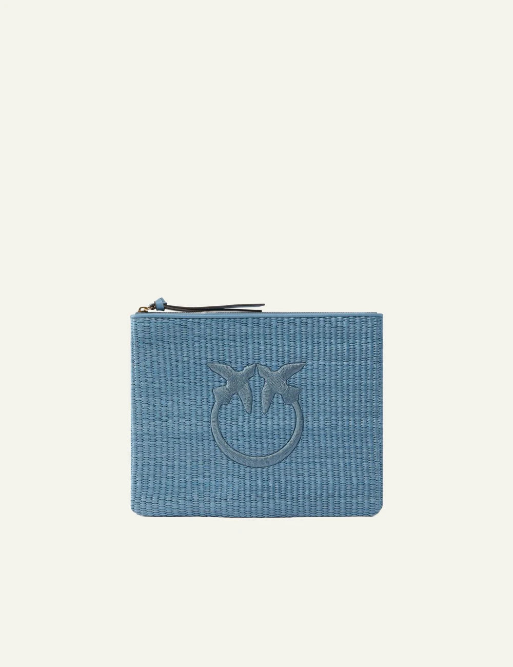 Pinko pouch rafia blue love birds embroidered logo zip top front view