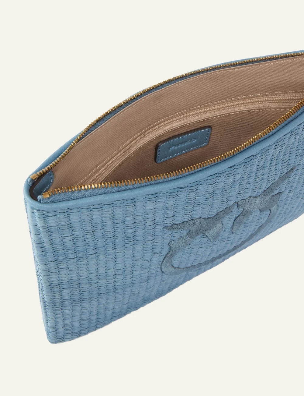 Pinko pouch rafia blue love birds embroidered logo zip top top view