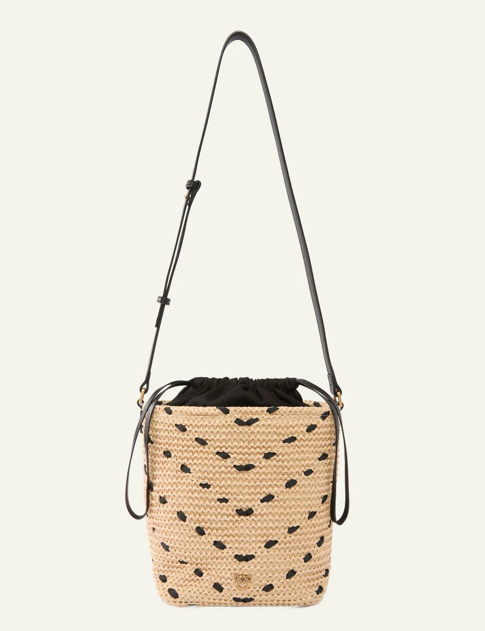Pinko rafia bucket bag mini beige zig zag pattern crossbody front