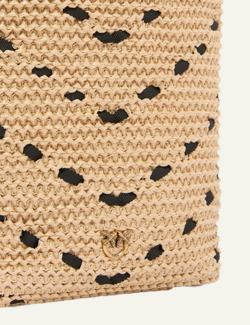 Pinko rafia bucket bag mini beige zig zag pattern crossbody front detail
