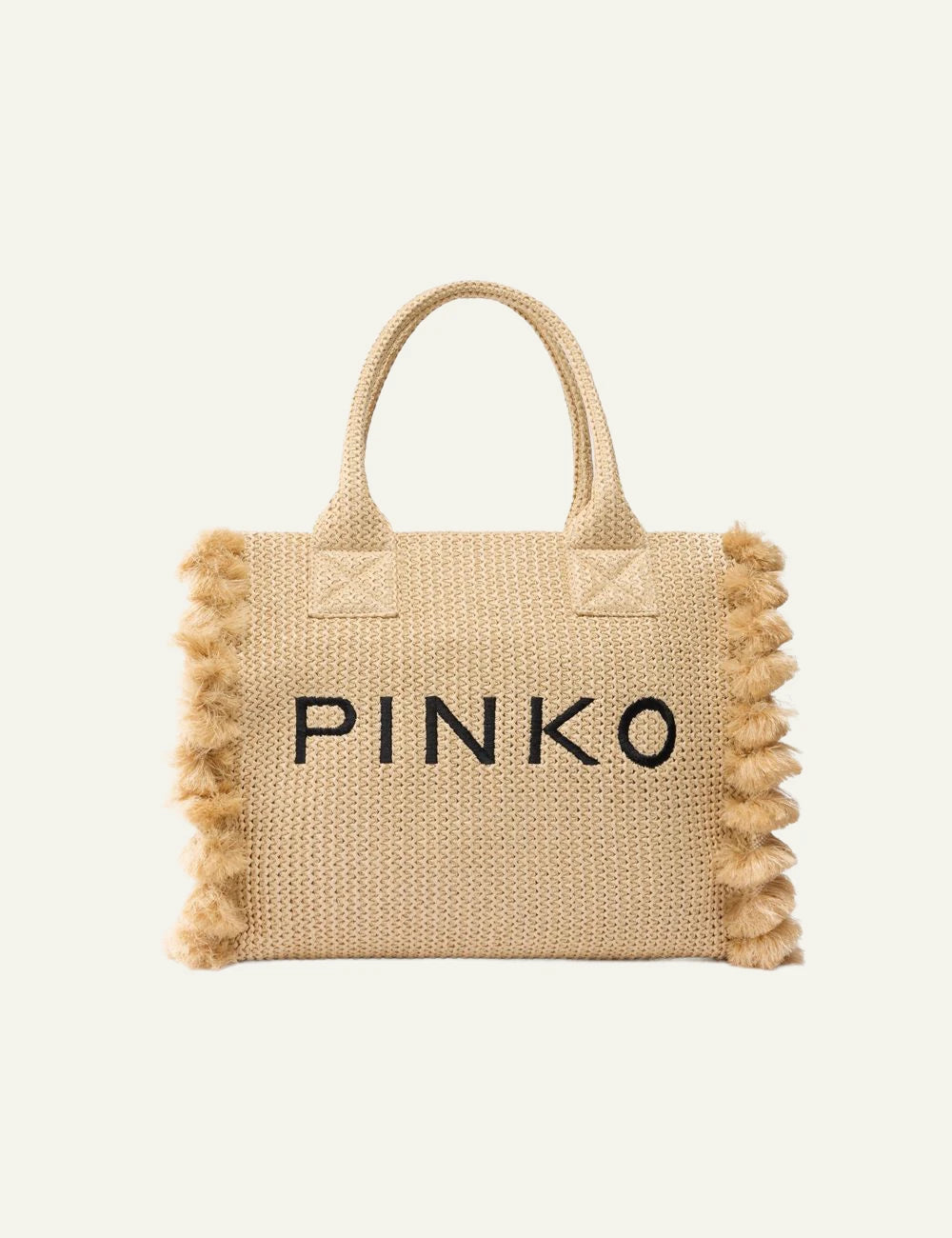 Pinko rafia shopper bag beige medium fringe logo front