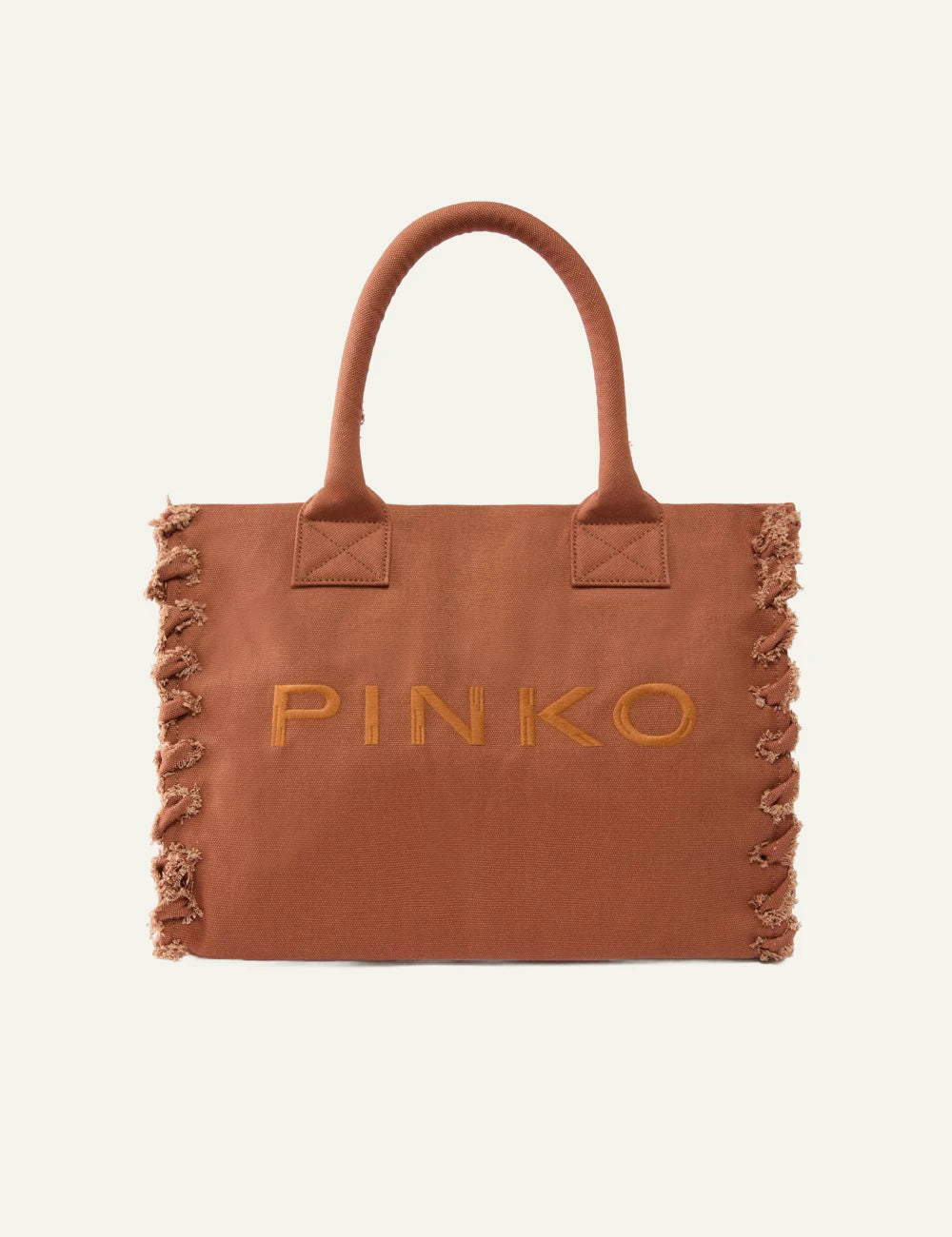 Pinko beach tote canvas brown logo embroidered front frayed edges side