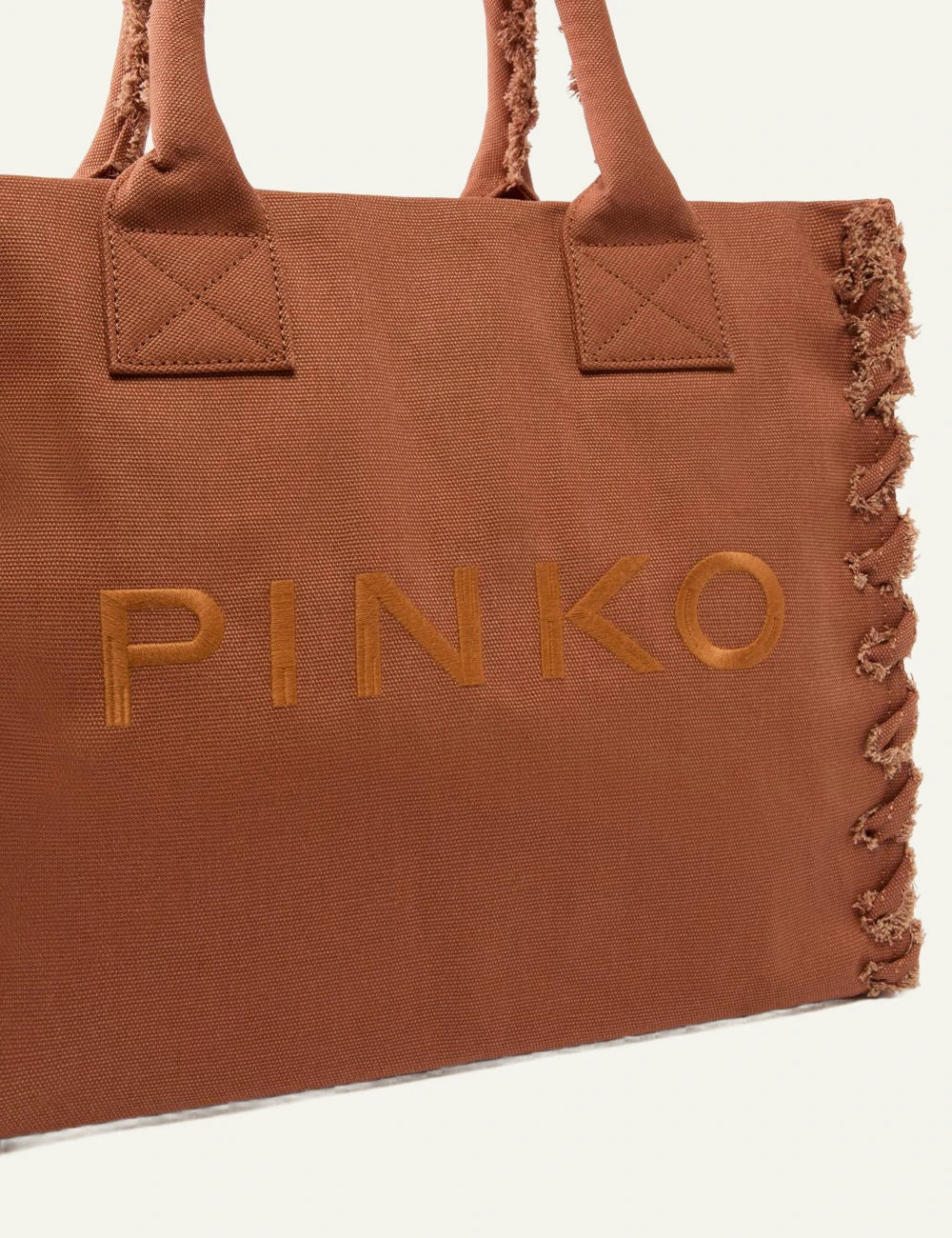 Pinko beach tote canvas brown logo embroidered front frayed edges side detail
