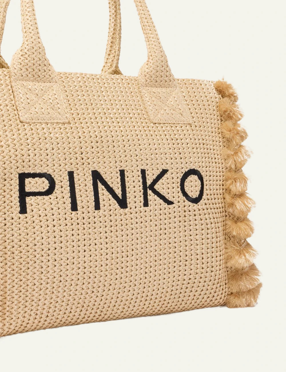 Pinko rafia shopper bag beige medium fringe logo front detail