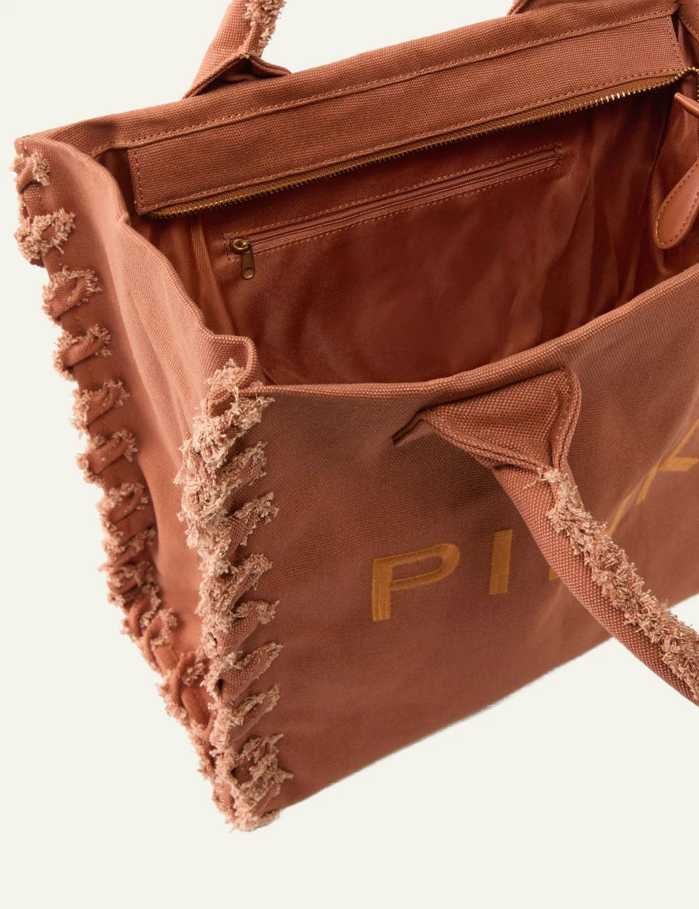 Pinko beach tote canvas brown logo embroidered front frayed edges top