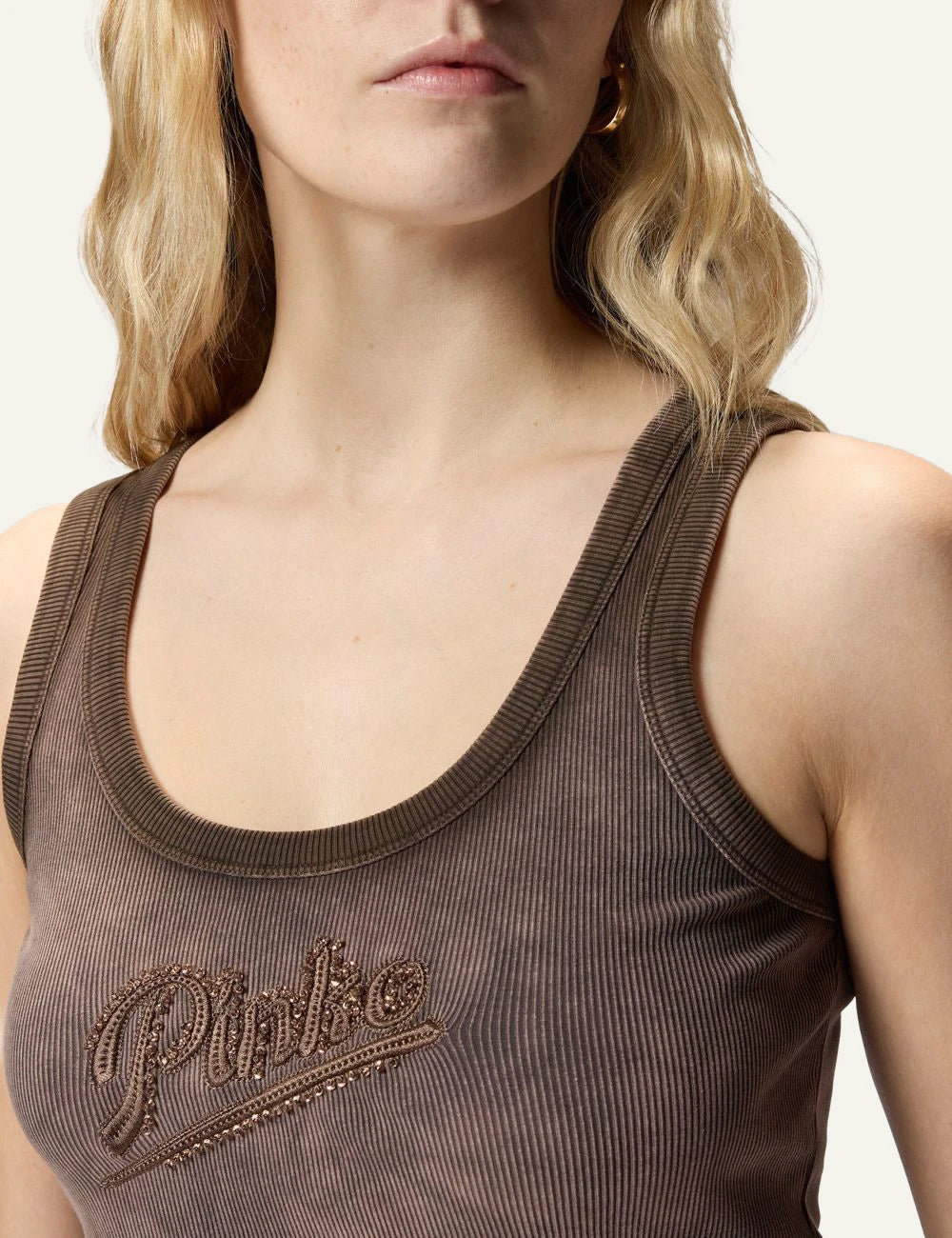 Pinko ribbed tank top brown maltinto strass logo front detail view