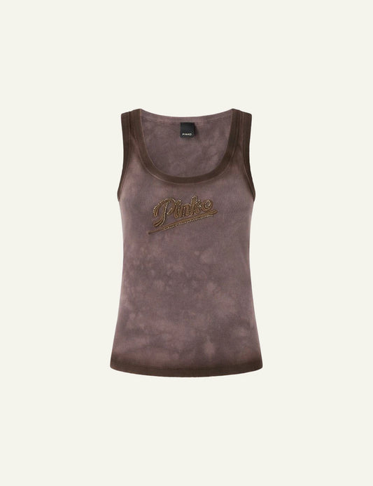 Pinko ribbed tank top brown maltinto strass logo front flat view