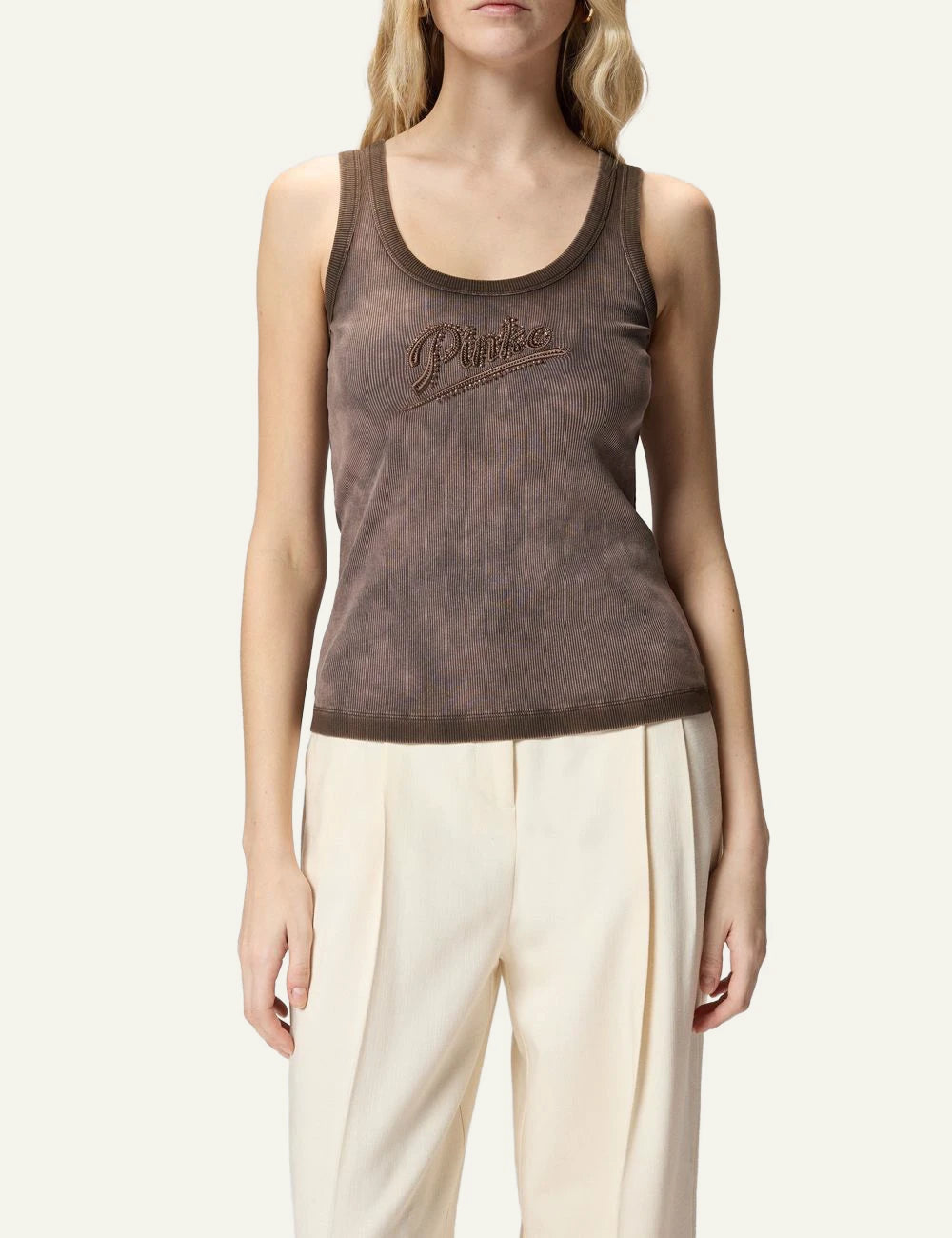 Pinko ribbed tank top brown maltinto strass logo front model view