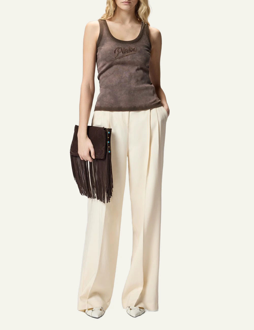 Pinko ribbed tank top brown maltinto strass logo front full body view