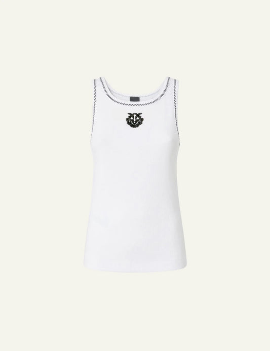 Pinko ribbed tank top white Love Birds logo contrast stitching front flat view
