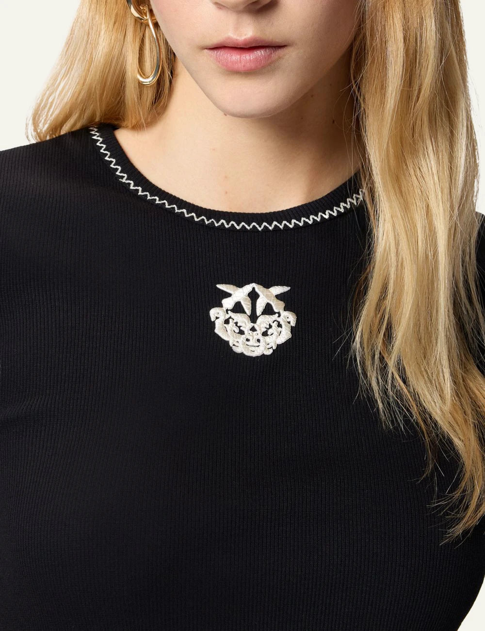 Pinko ribbed t-shirt navy contrast stitching Love Birds logo chest front detail view