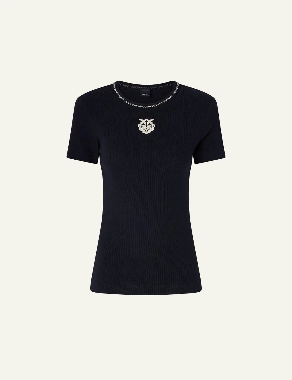 Pinko ribbed t-shirt navy contrast stitching Love Birds logo chest front flat view