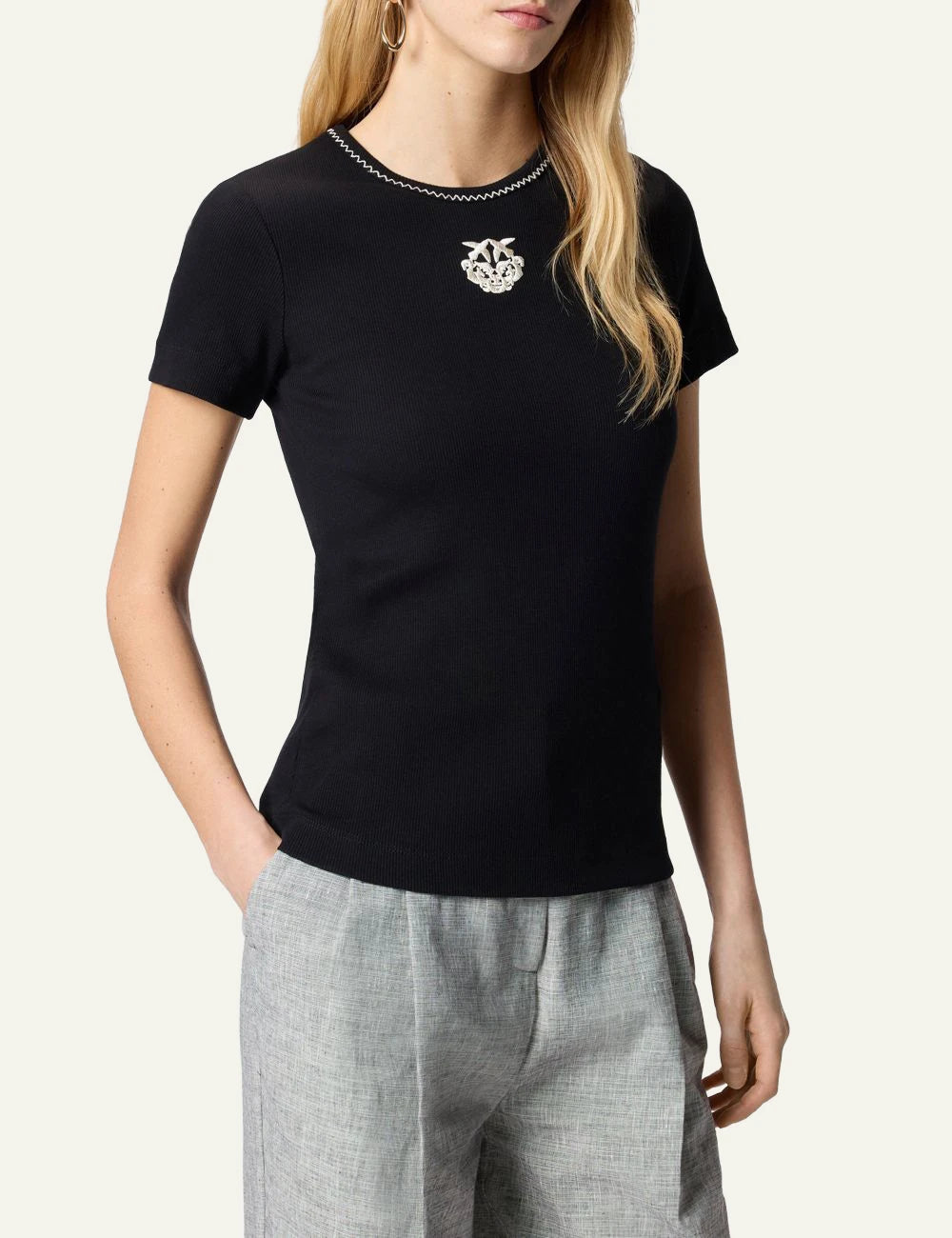 Pinko ribbed t-shirt navy contrast stitching Love Birds logo chest front model view