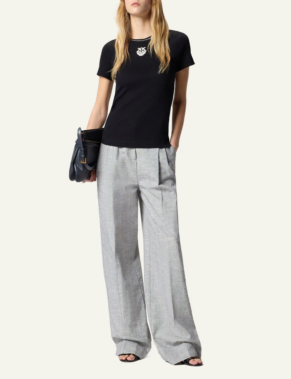 Pinko ribbed t-shirt navy contrast stitching Love Birds logo chest front full body view