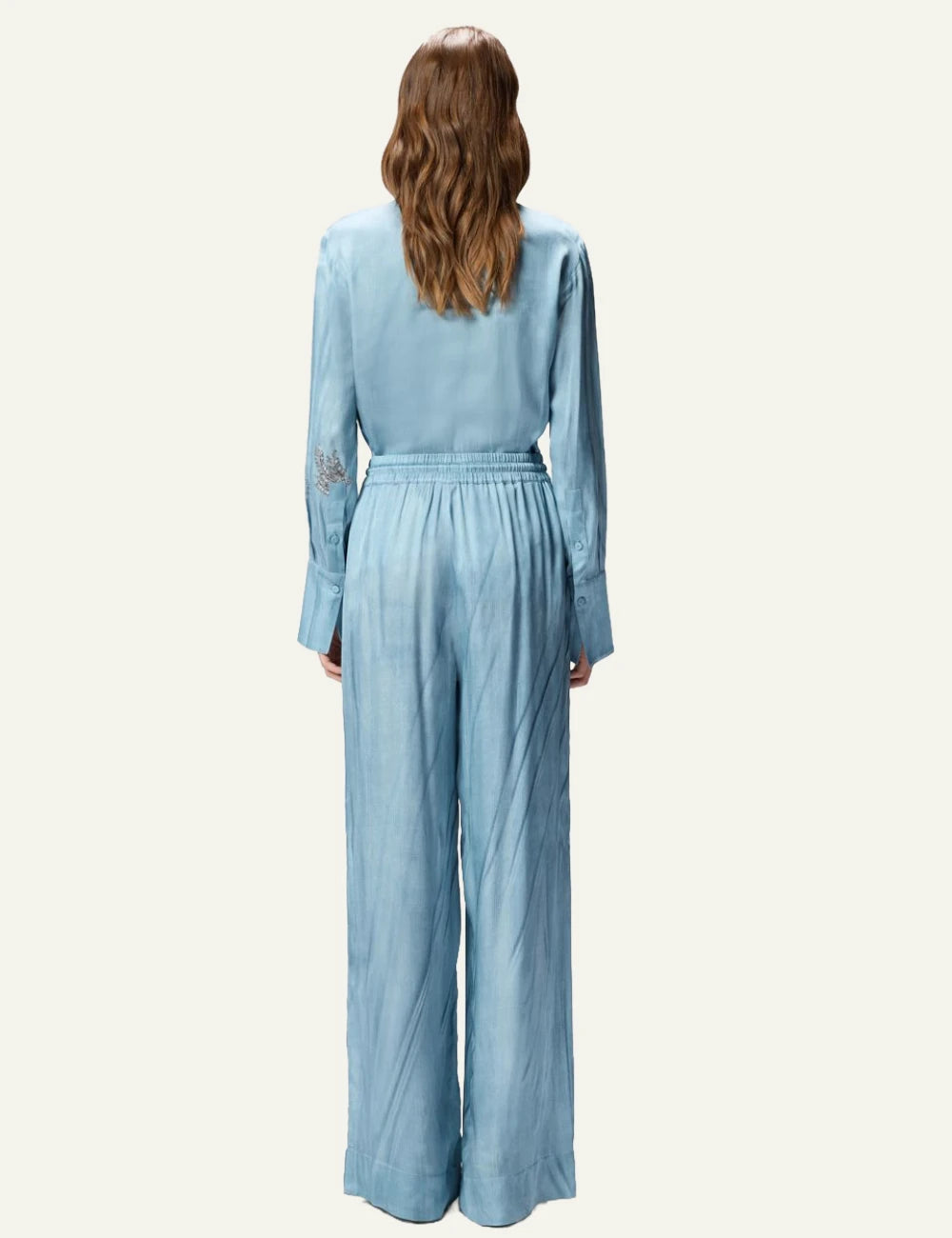 Pinko Rikky wide leg trousers light blue satin denim effect back view
