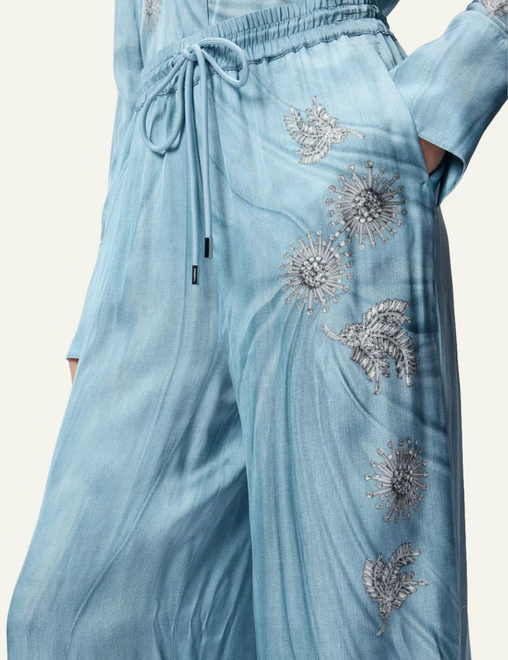 Pinko Rikky wide leg trousers light blue satin denim effect side view