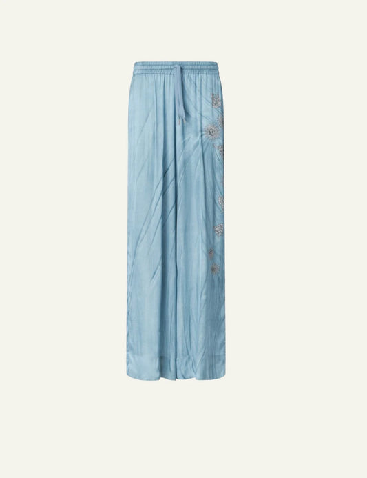 Pinko Rikky wide leg trousers light blue satin denim effect front view