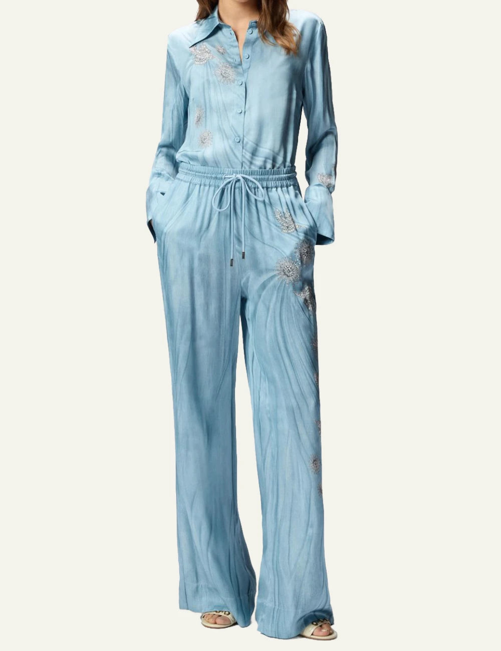 Pinko Rikky wide leg trousers light blue satin denim effect front full body view