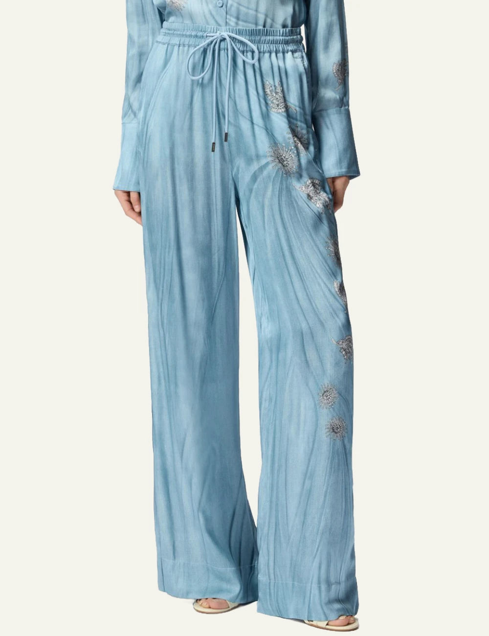 Pinko Rikky wide leg trousers light blue satin denim effect front model view