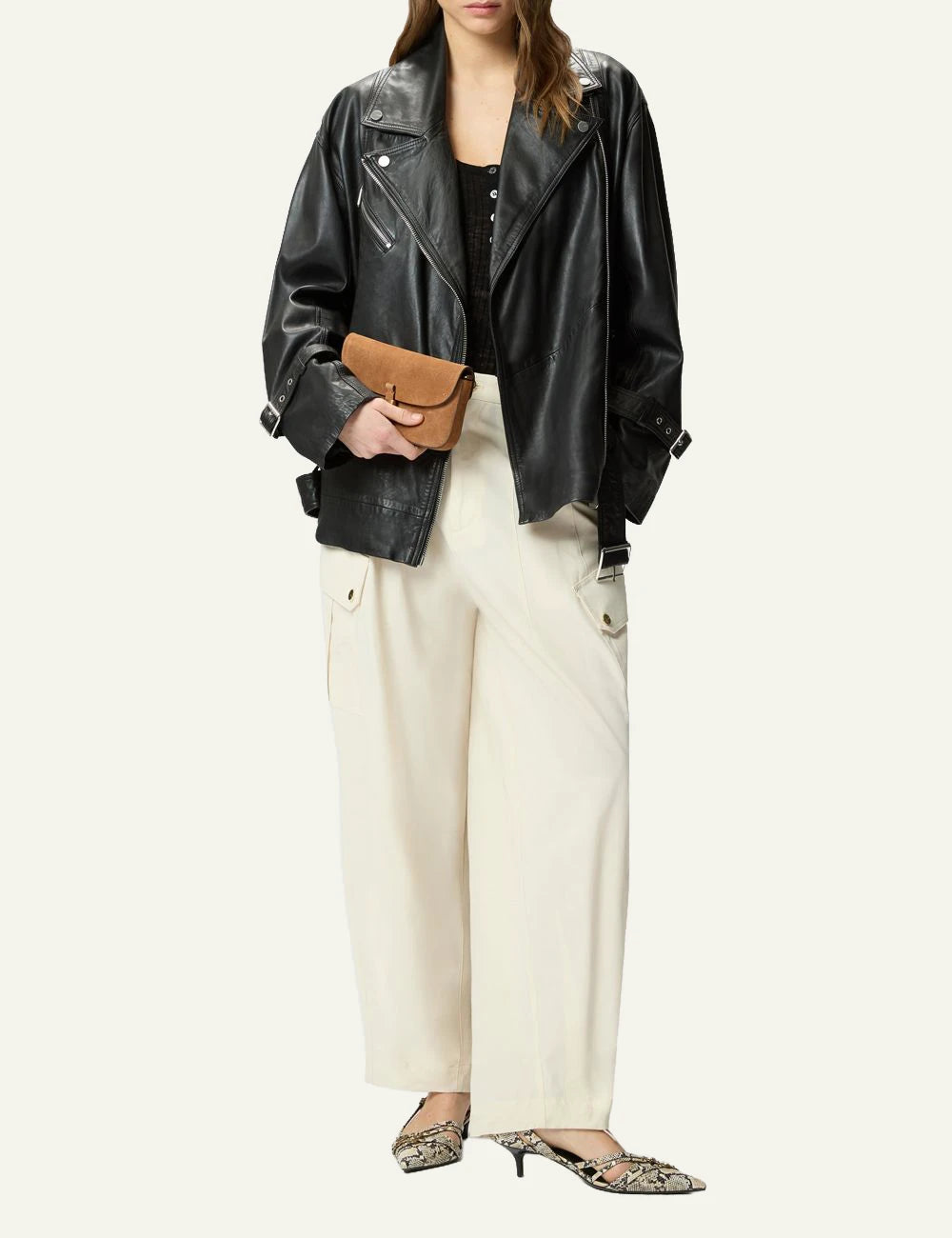 Pinko Rosalin wide leg cargo trousers cream front full body view