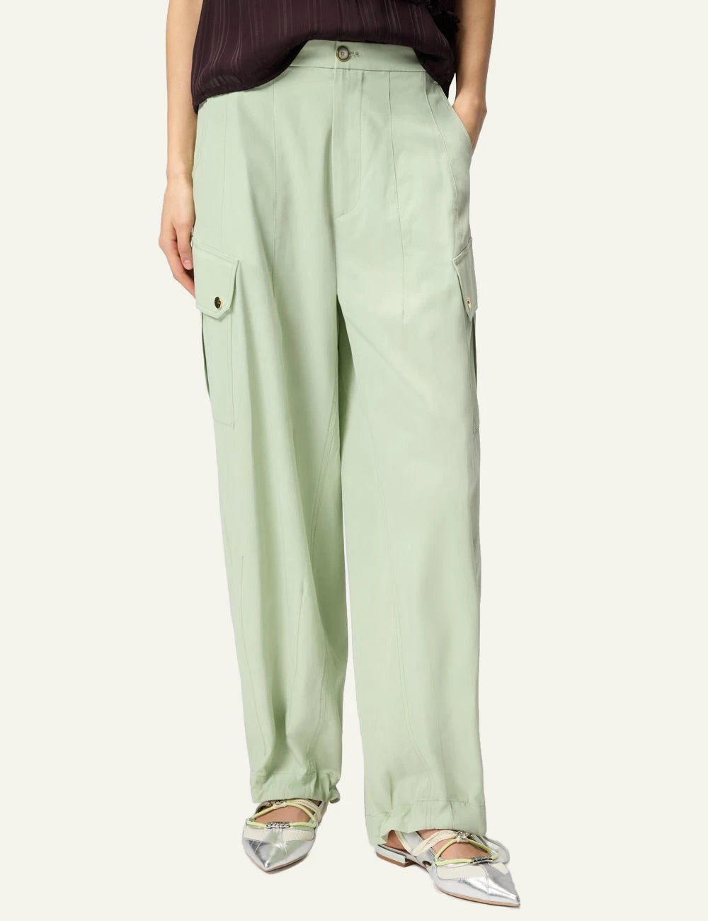 Pinko Rosalin wide leg cargo trousers light green front model view