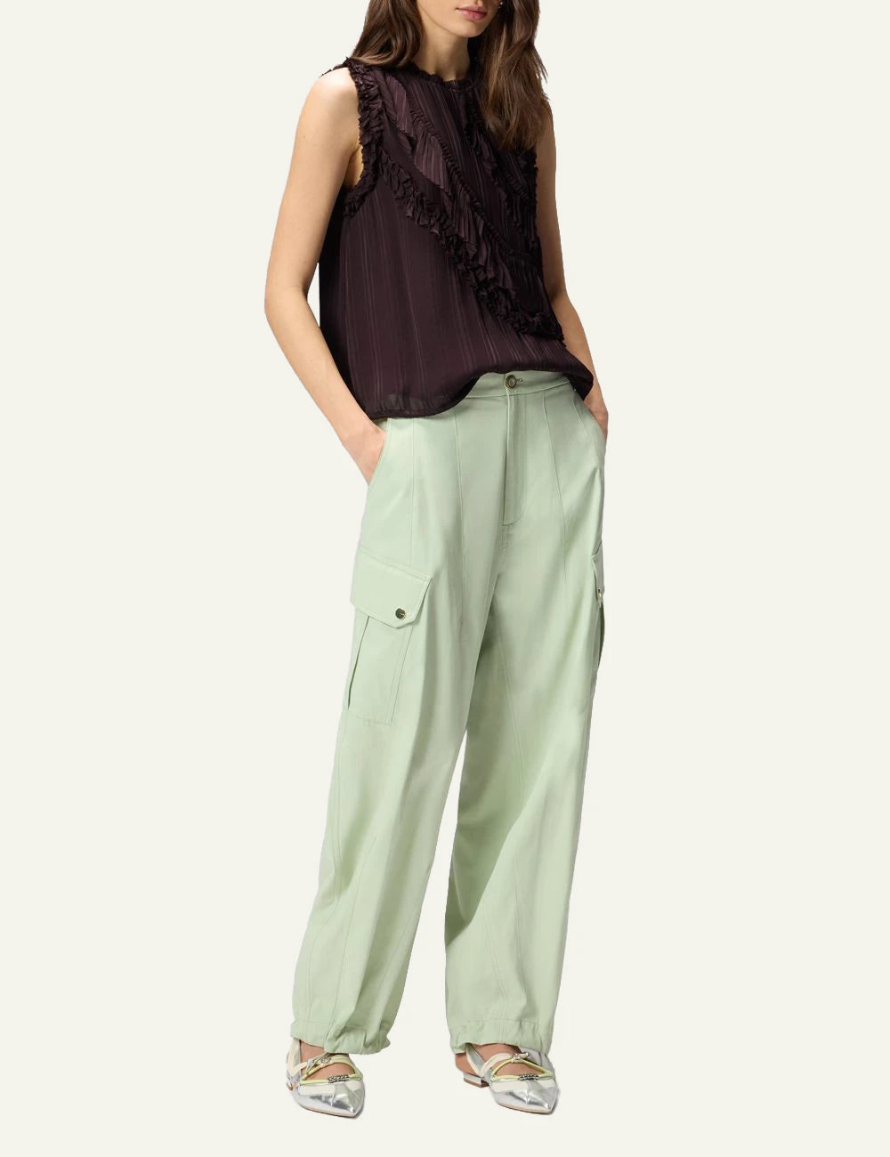 Pinko Rosalin wide leg cargo trousers light green front full body view