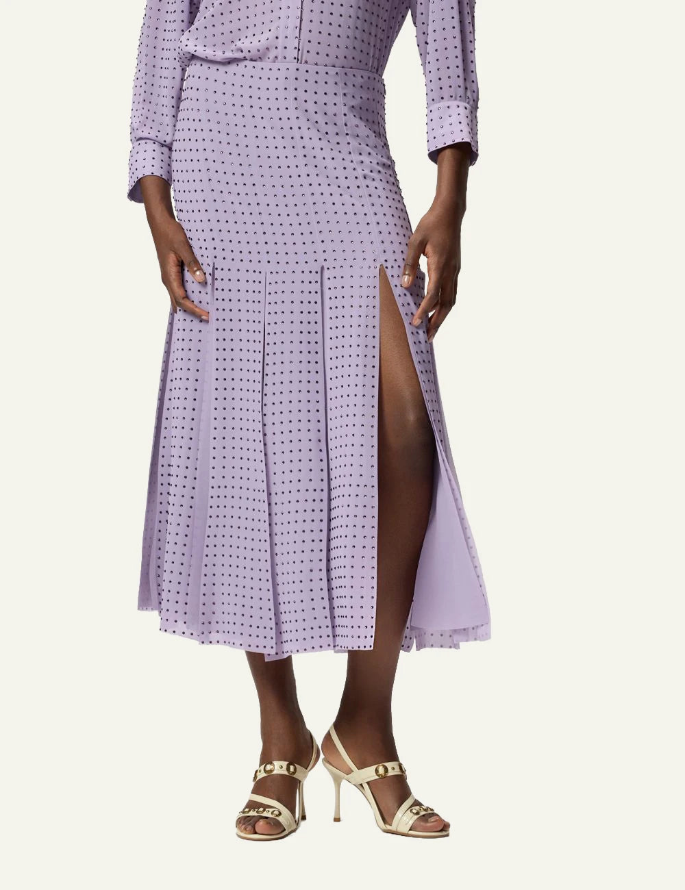 Pinko Rucola skirt lilac midi me strass embellished front side view